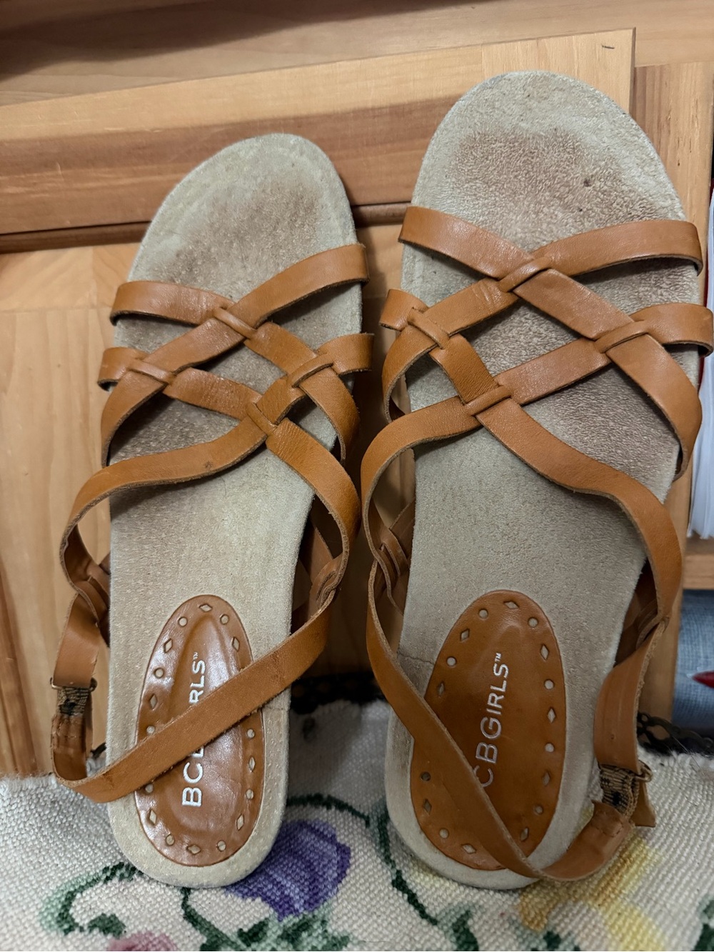 BCBGirls Cognac Leather Strappy Crisscross Sandals